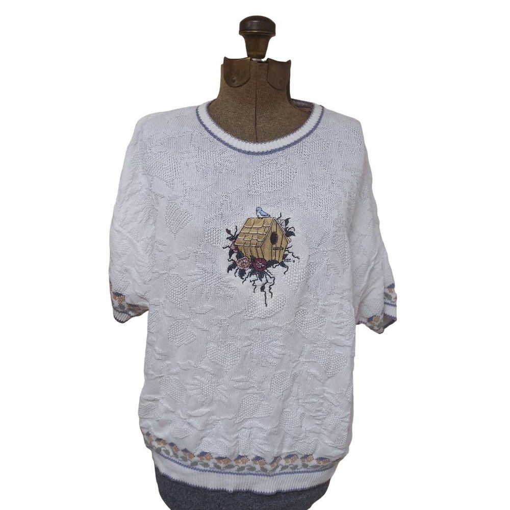Vintage Brambles Sweater Womens XL White Bird House Embroidered Half Sleeve